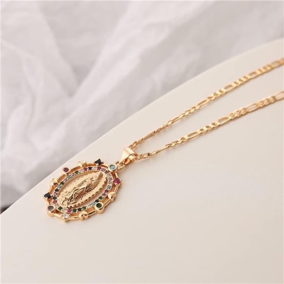 14K Gold Plated Virgin Mary Prayer Necklace Our Lady of Amulet Pendant 17 Inch - Picture 4 of 6